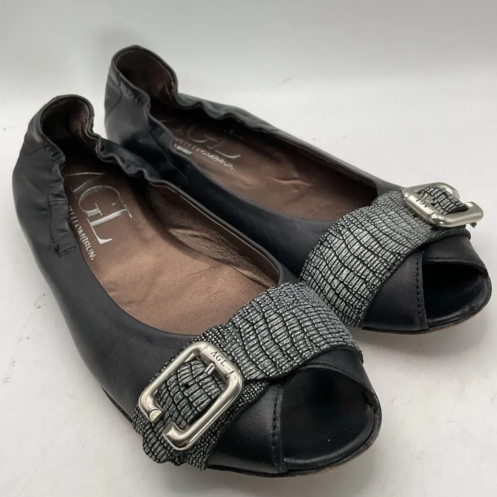 AGL ladies ballet flats shoes 38 1/2 us 8 1/2 black silver peep toe leather chic - Picture 11 of 13